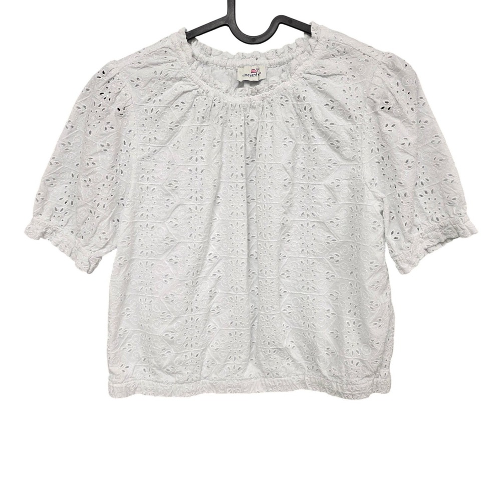 Vineyard Vines Eyelet Top Womens XS White Short Sleeve Ruffle Neck Coastal Boho